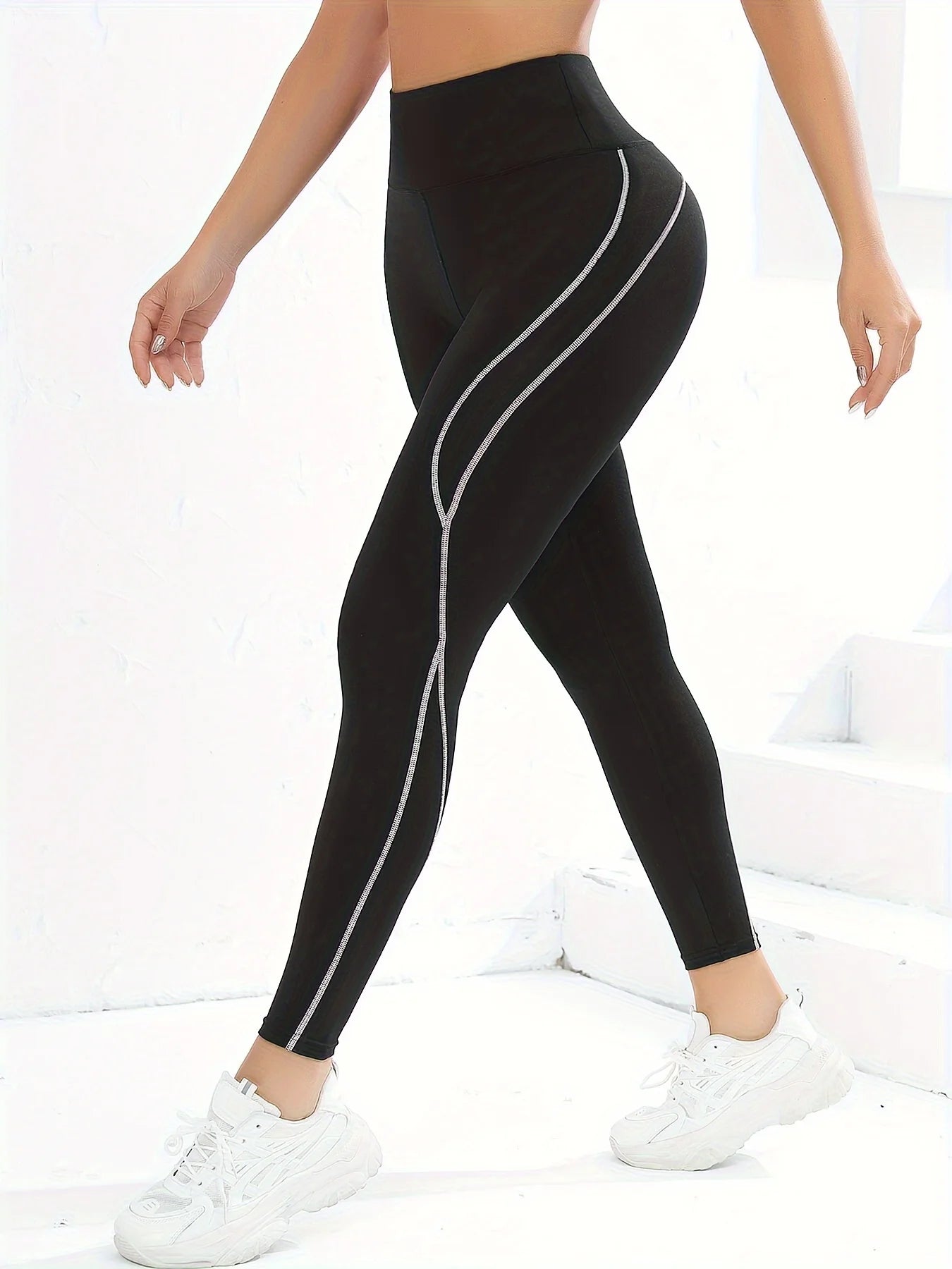 Women's High Waisted Tummy Tuck Yoga Leggings, Side White Stripe Fitness Leggings