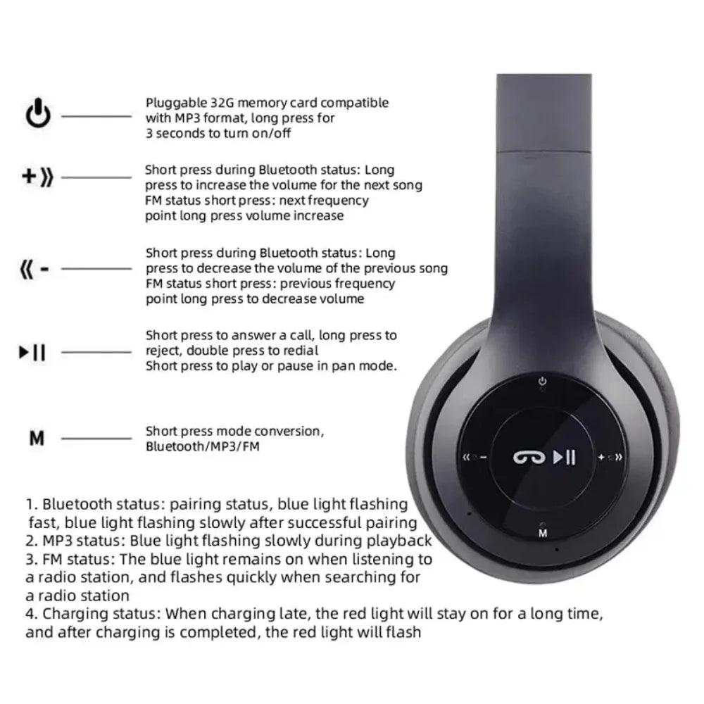 P47 Wireless Bluetooth Headphone With Microphone Foldable Headsets Bass HiFi Sound Music Stereo Earphone For Smartphones TV Game