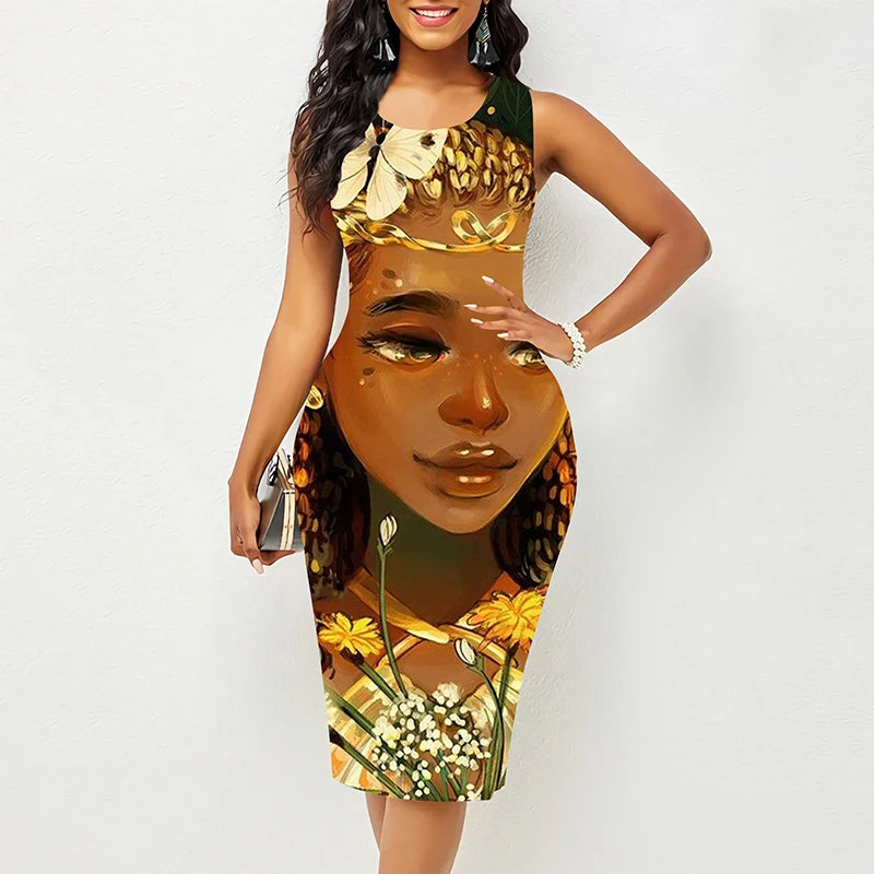 Summer African Black Girl 3D Print Knee Length Dresses New Women Slim Fit Party Dress Sleeveless Elegant Formal Occasion Dresses