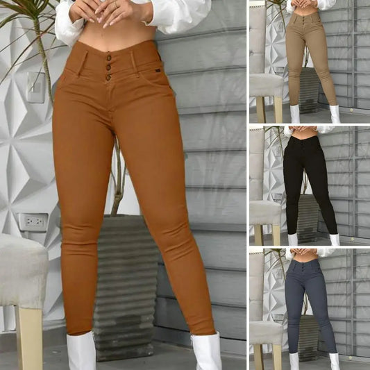 Plus Size Leggings Stylish High Waist Slim Fit Leggings for Women Solid Color Long Pants with Button Fly Wrapped Design for A