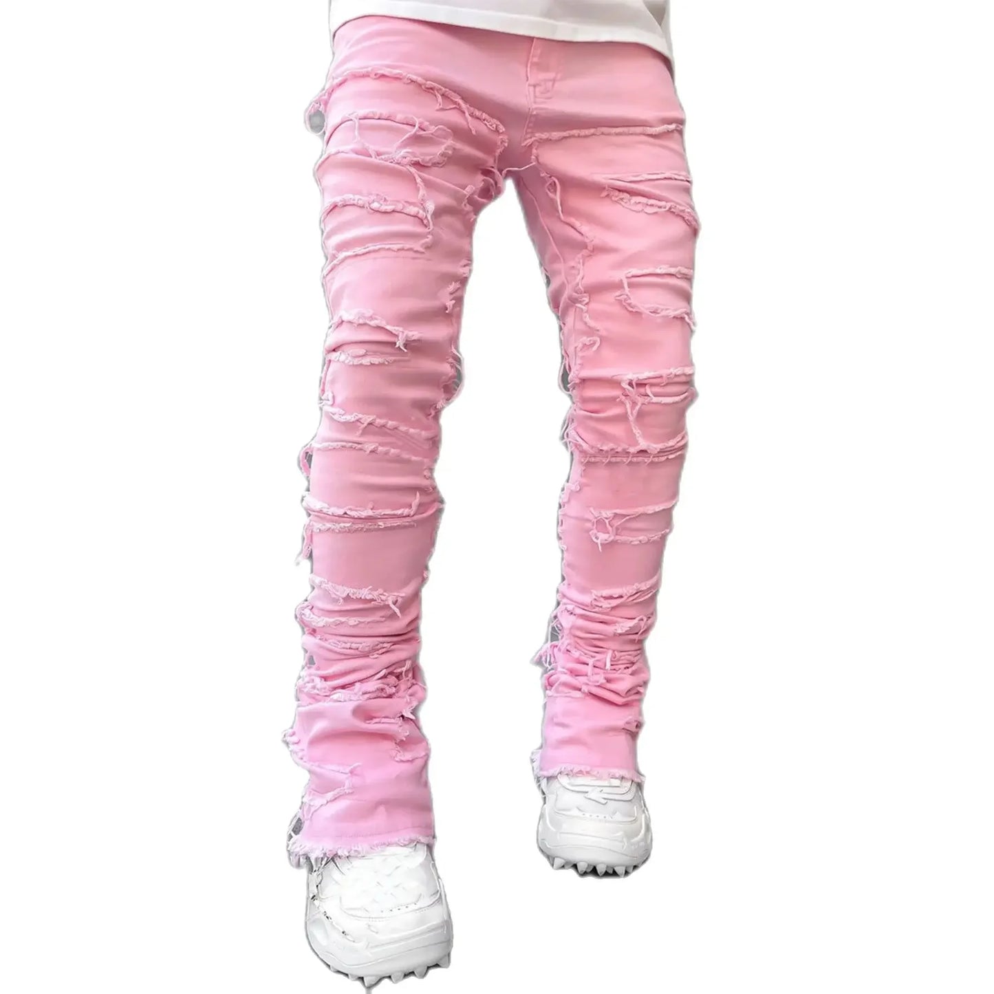 Men's Regular Fit Stacked Jeans Ripped Slim Fit Patch Distressed Destroyed Straight Denim Pants Hip Hop Streetwear Trouser Cloth