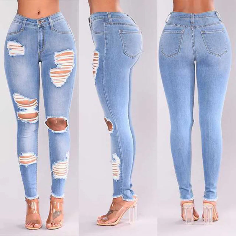 Europe and The United States New Fashion Elastic Ripped Pencil Jeans, Women's Spring and Autumn Slim-fit Small Leg Pants Jeans