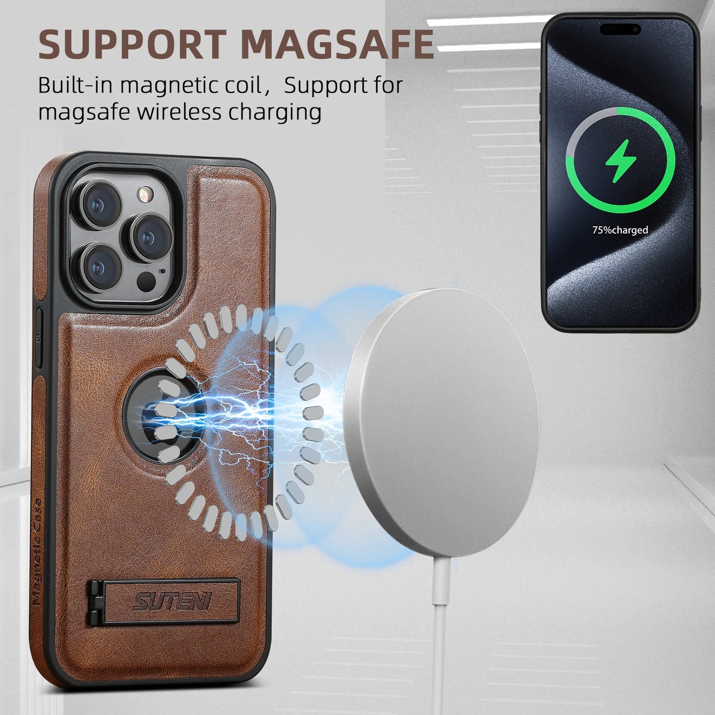 SUTENI Luxury PU Leather MagSafe Magnetic Wireless Charging Case Stand Phone Case For iPhone 16 Pro Max 15 Plus 14 13 12