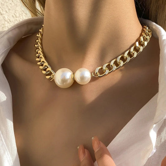 Punk Gold Color Cuban Chain Necklace Vintage Simulated Pearl Choker Necklace Gothic Women's Necklace Beach Collars Jewelry