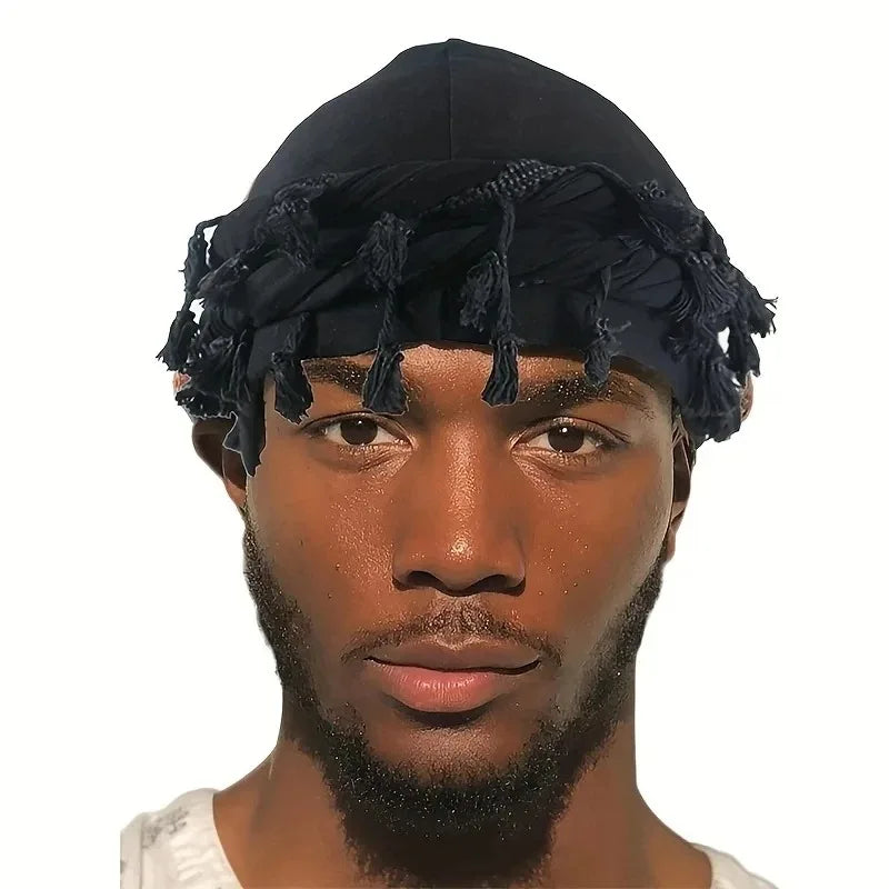 Men Hat Punk Burr Trim Twisted Tail Fringe Cotton Bandana Hat Hop Turban Hats Head Wrap Beanie Cap Solid Color Docker Hat 2024