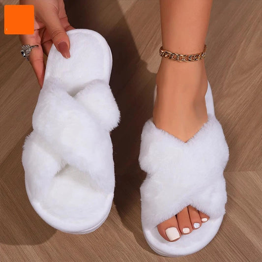 Cross opening spring and autumn home anti slip flat bottomed couple style fashionable and simple open toed hairy slippers