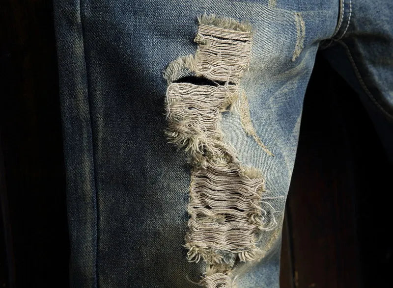 Men Jeans Distressed Vintage Ripped Straight Pants Ankle Length Wash Solid Denim Pockets Loose Fit Trouser Punk Style 2024