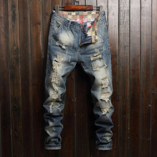 Men Jeans Distressed Vintage Ripped Straight Pants Ankle Length Wash Solid Denim Pockets Loose Fit Trouser Punk Style 2024