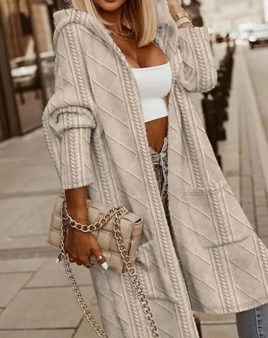 Women Urban Elegant Jacket 2024 Spring Summer Latest Casual Cable Textured Hooded Open Front Longline Coat Long Sleeve Cardigan