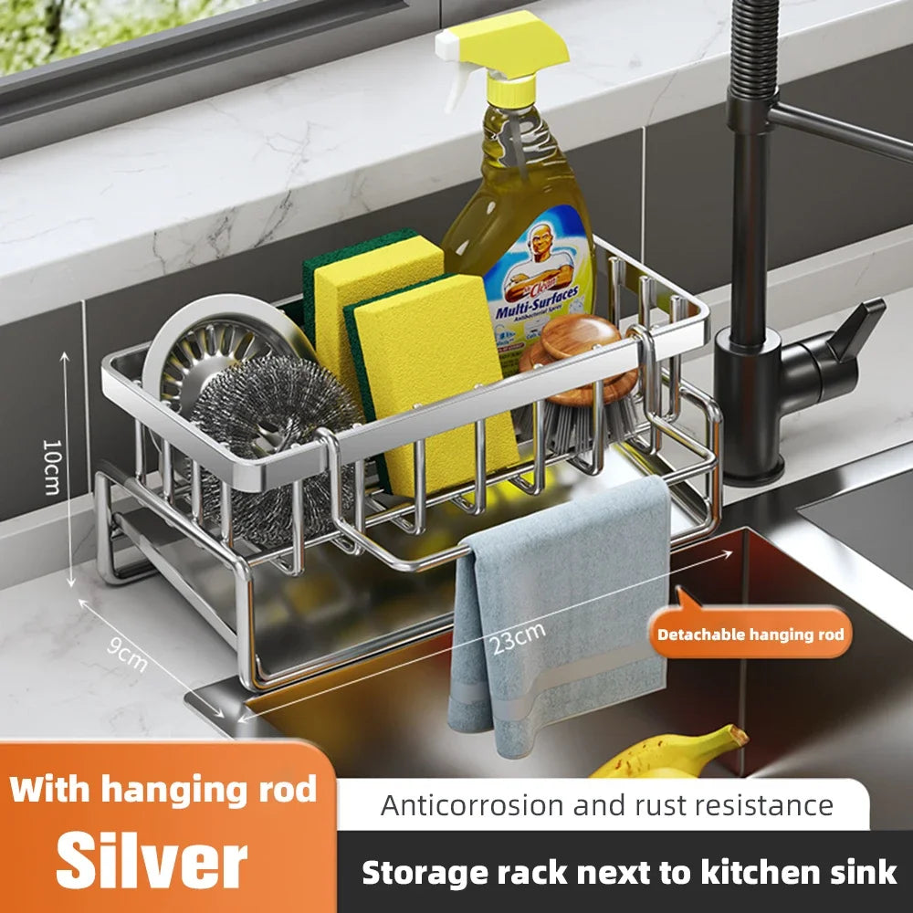 Self-draining Sink Shelf Stainless Steel Kitchen Sink Drain Rack Soap Sponge Holder Kitchen Sink Organizer