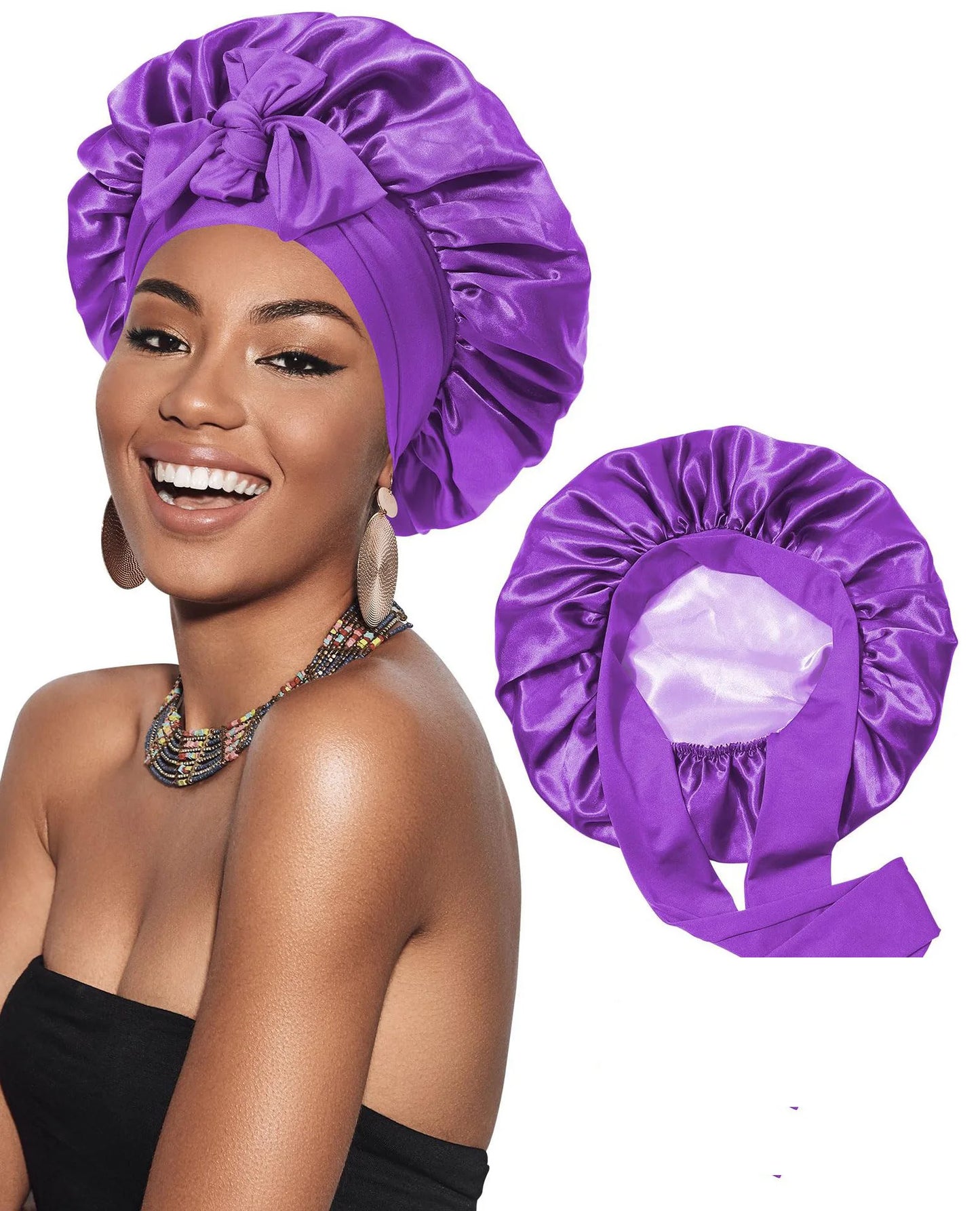 New Satin Double Layer Bonnet Solid Wide Tie Band Stretch Head Silky Bonnet Edge Wrap Nightcap Hair Care Shower Bonnet for Women