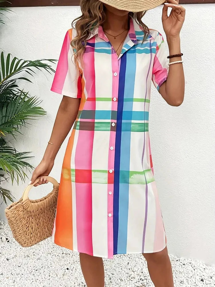 Urban Everyday Casual Women Short-sleeved Lapel British Style Dress City Trend Straight-button Dress 3D Printed Art Dress