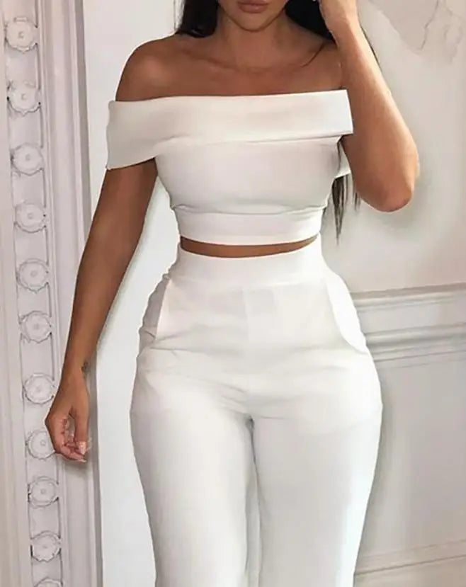 Women Urban Style Suits 2024 Spring/summer Latest Celebrity Style Off Shoulder Short Sleep Crop Top&high Waist Skinny Pants Set