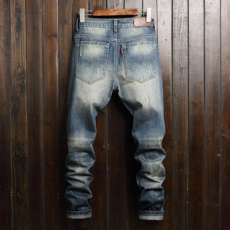 Men Jeans Distressed Vintage Ripped Straight Pants Ankle Length Wash Solid Denim Pockets Loose Fit Trouser Punk Style 2024