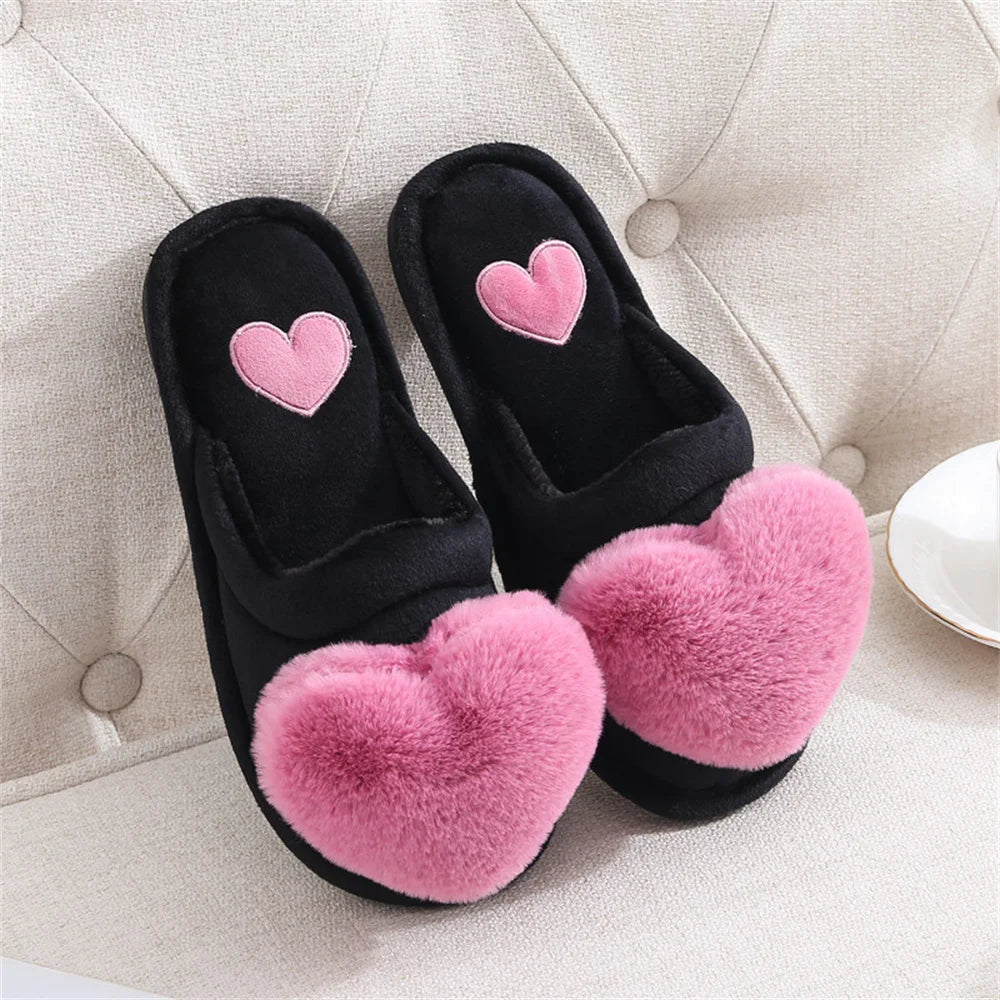 Women Indoor Warm Home Slippers Bedroom Cute Heart Pattern Non-slip Soft Comfort Plush House Slippers Shoes Autumn Winter