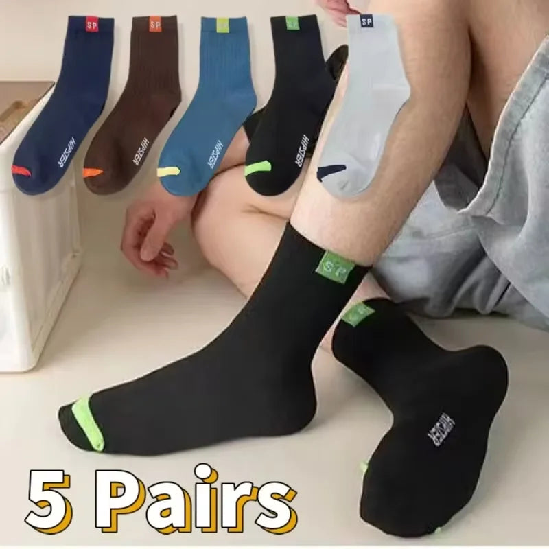 Cotton Sock for Men Sport Breathable Soft Letter Fashion Sneakers High Elastic Middle Tube Stocking Towel Sox Summer Running