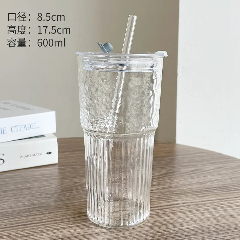 2pcs 600ml Stripe Glass Cup with Lid and Straw Transparent Drinking Glasses for Juice Water and Iced Coffee Cups Drinkware Mug