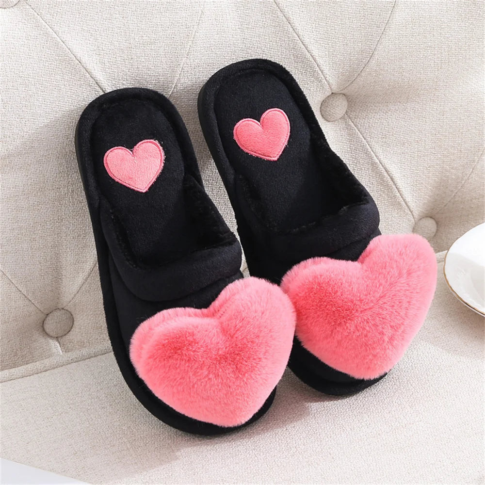 Women Indoor Warm Home Slippers Bedroom Cute Heart Pattern Non-slip Soft Comfort Plush House Slippers Shoes Autumn Winter