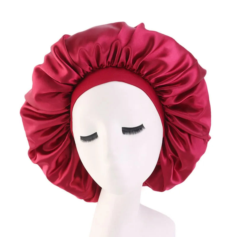 New Women Oversized Silky Hair Soft Elegant Bonnet Solid Color Satin Bonnet Sleeping Night Cap Elastic Shower Bath Hats