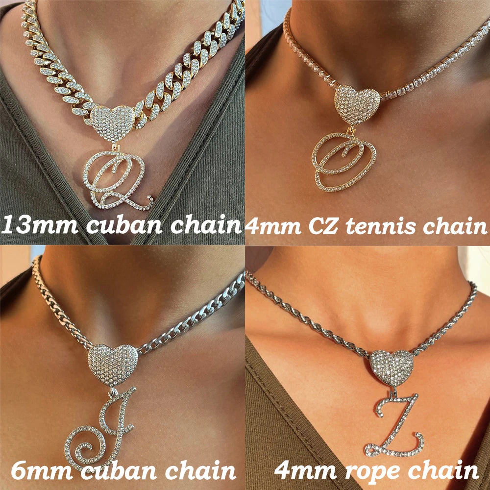 New A-Z Cursive Letter Heart Pendant Iced Out Cuban Necklace For Women Initial Zircon Link Chain Necklace Choker Hip hop Jewelry