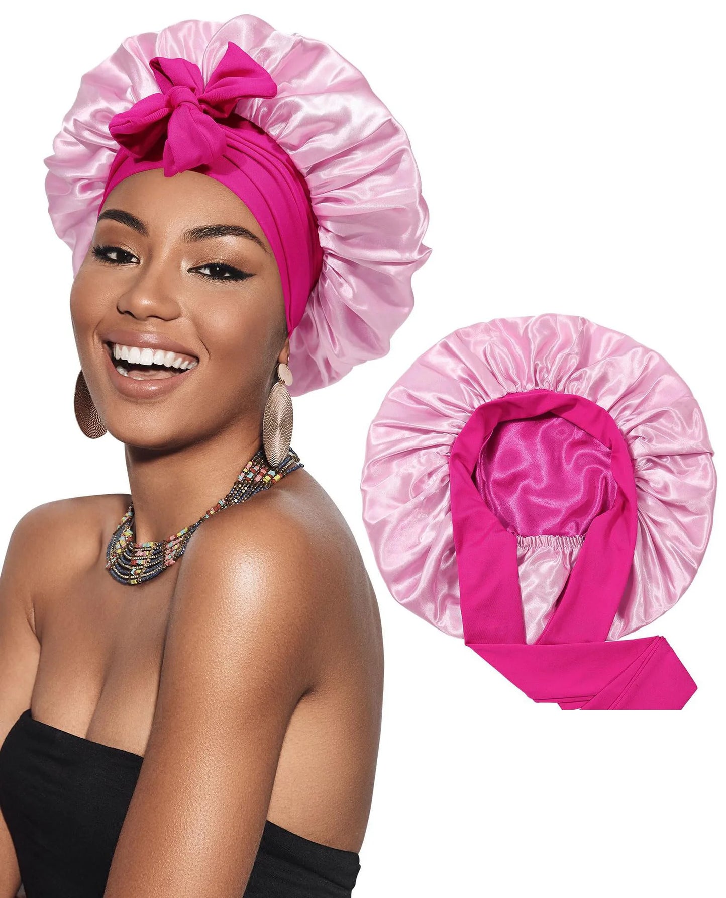 New Satin Double Layer Bonnet Solid Wide Tie Band Stretch Head Silky Bonnet Edge Wrap Nightcap Hair Care Shower Bonnet for Women