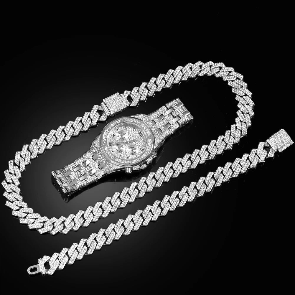 14MM Necklace+Watch+Bracelet Iced Out Watches For Men 2 Row Rhinestone Cuban Chain Necklace Set Women Men Hiphop Jewelry Gift