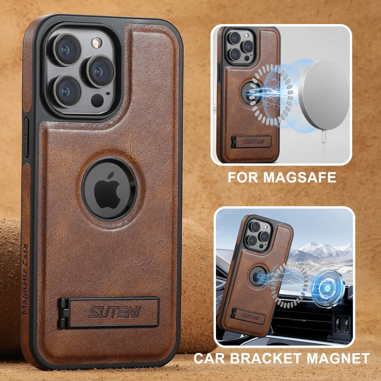 SUTENI Luxury PU Leather MagSafe Magnetic Wireless Charging Case Stand Phone Case For iPhone 16 Pro Max 15 Plus 14 13 12