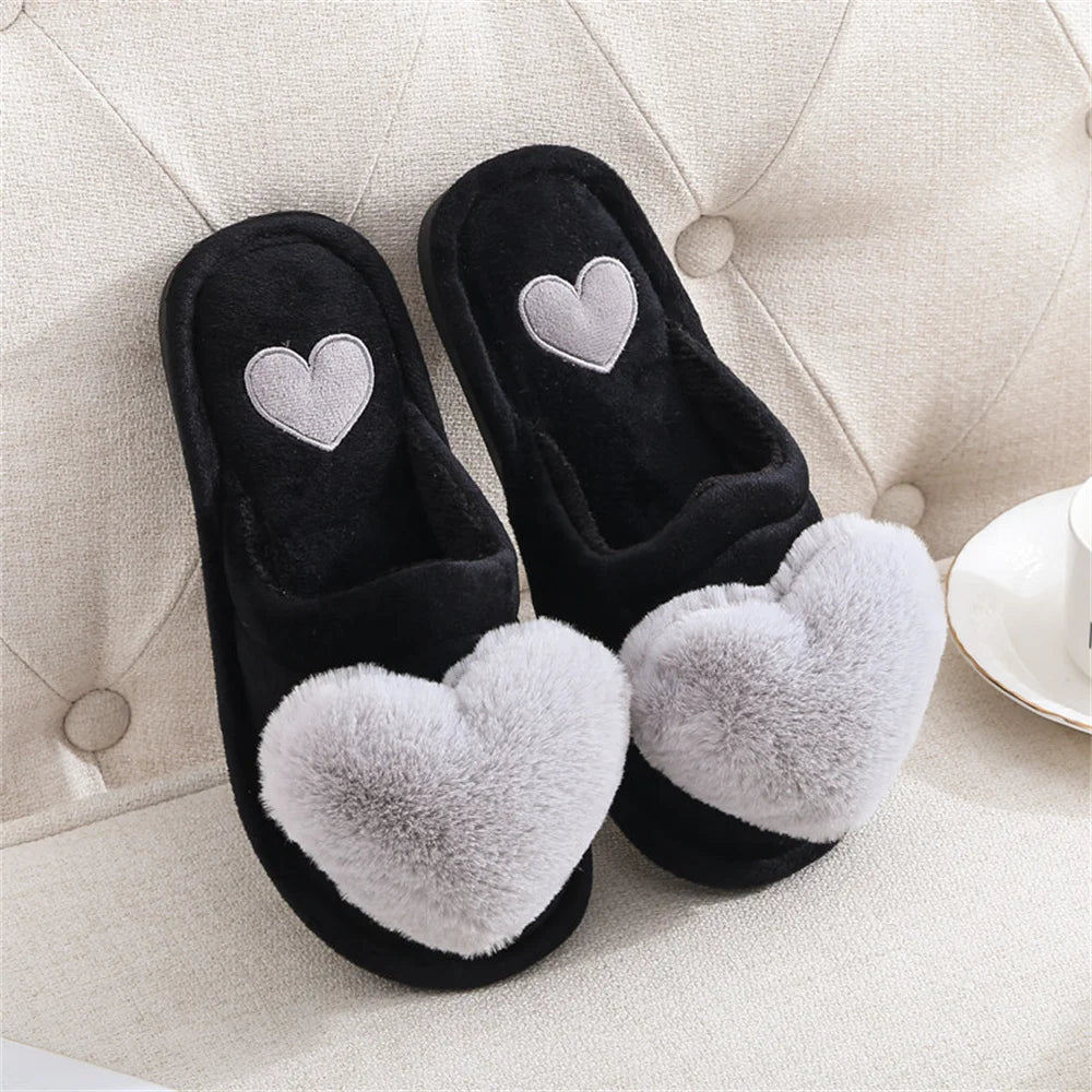 Women Indoor Warm Home Slippers Bedroom Cute Heart Pattern Non-slip Soft Comfort Plush House Slippers Shoes Autumn Winter