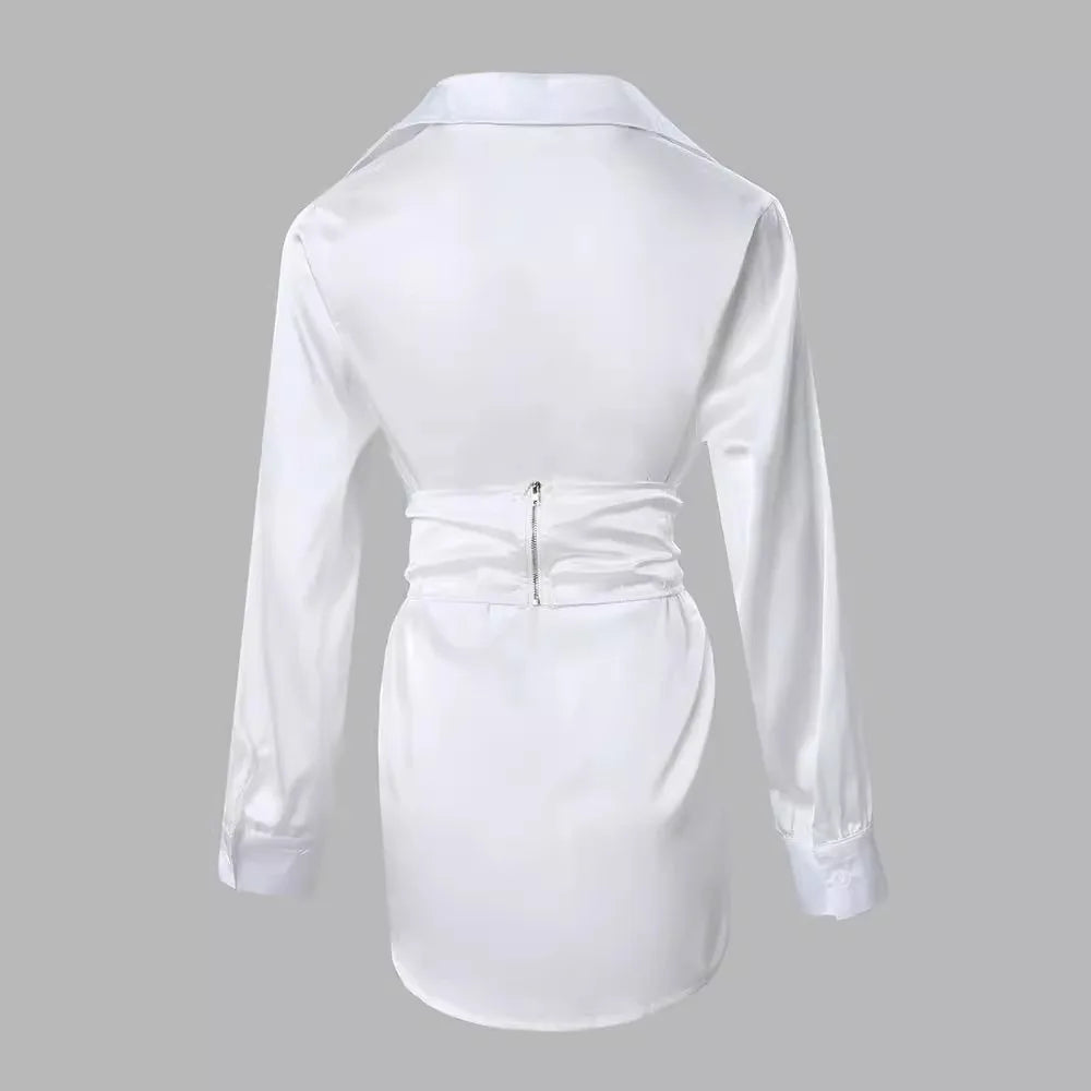 Women's Clothing Fashion Solid Color White Lace-up Shirt Dress Long Sleeve Summer Mini Dress Sexy