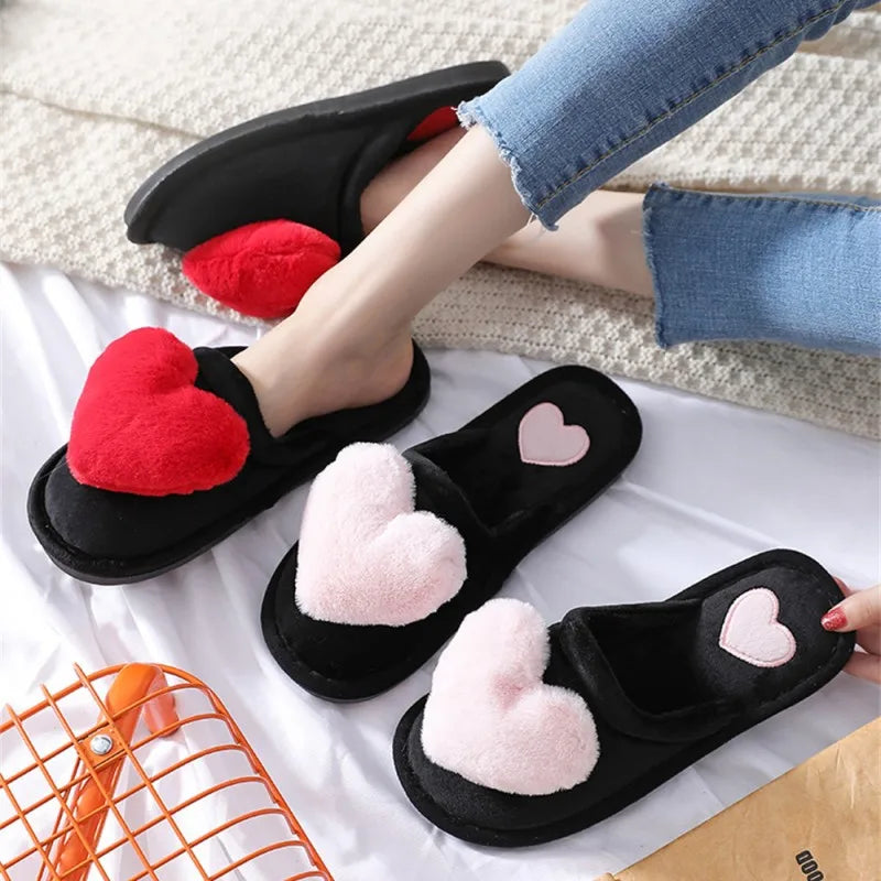 Women Indoor Warm Home Slippers Bedroom Cute Heart Pattern Non-slip Soft Comfort Plush House Slippers Shoes Autumn Winter