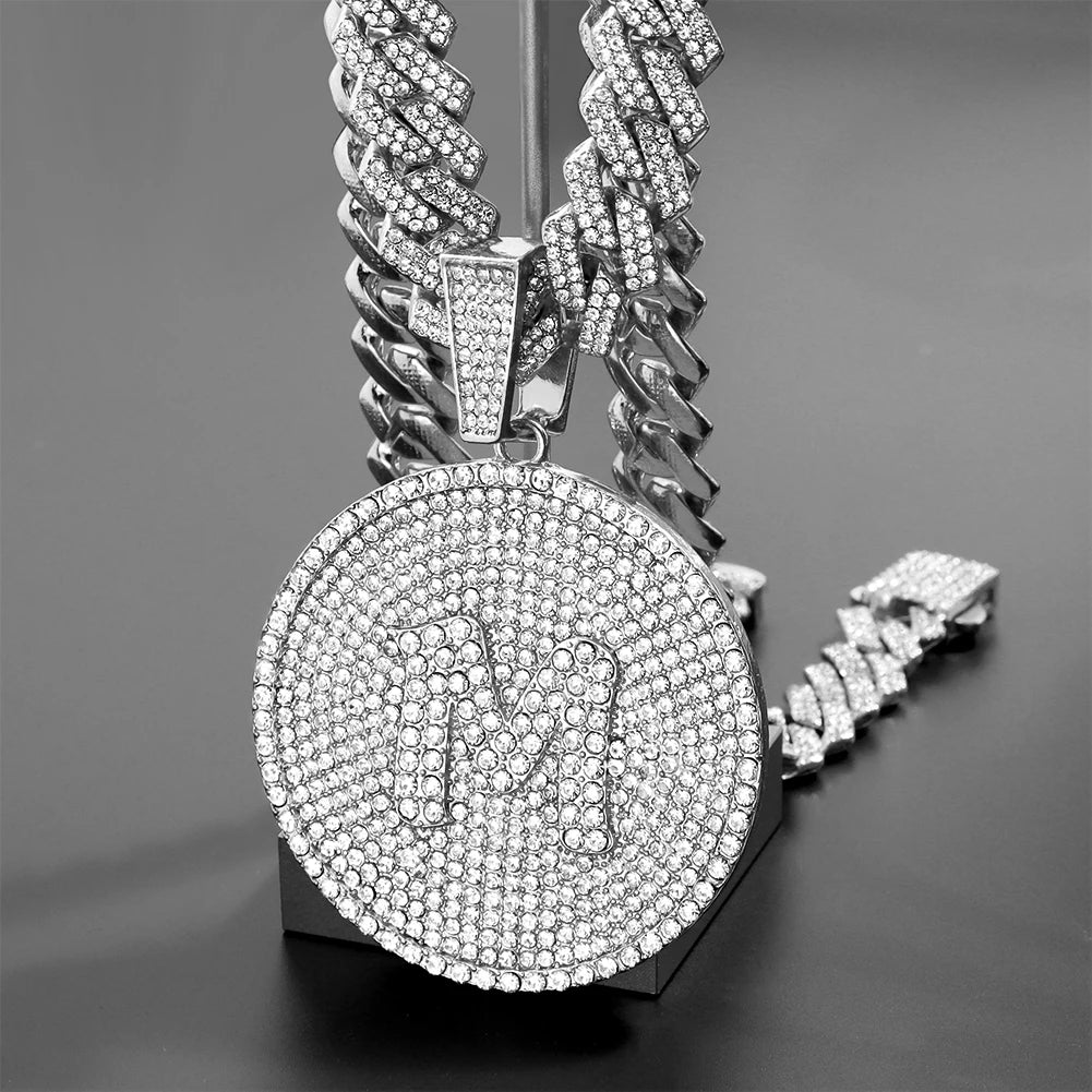 Iced Out 14MM Prong Cuban Chain Letters Necklace For Women Bling Round Initials Name Necklaces Hiphop Chain Couple Gifts Jewelry